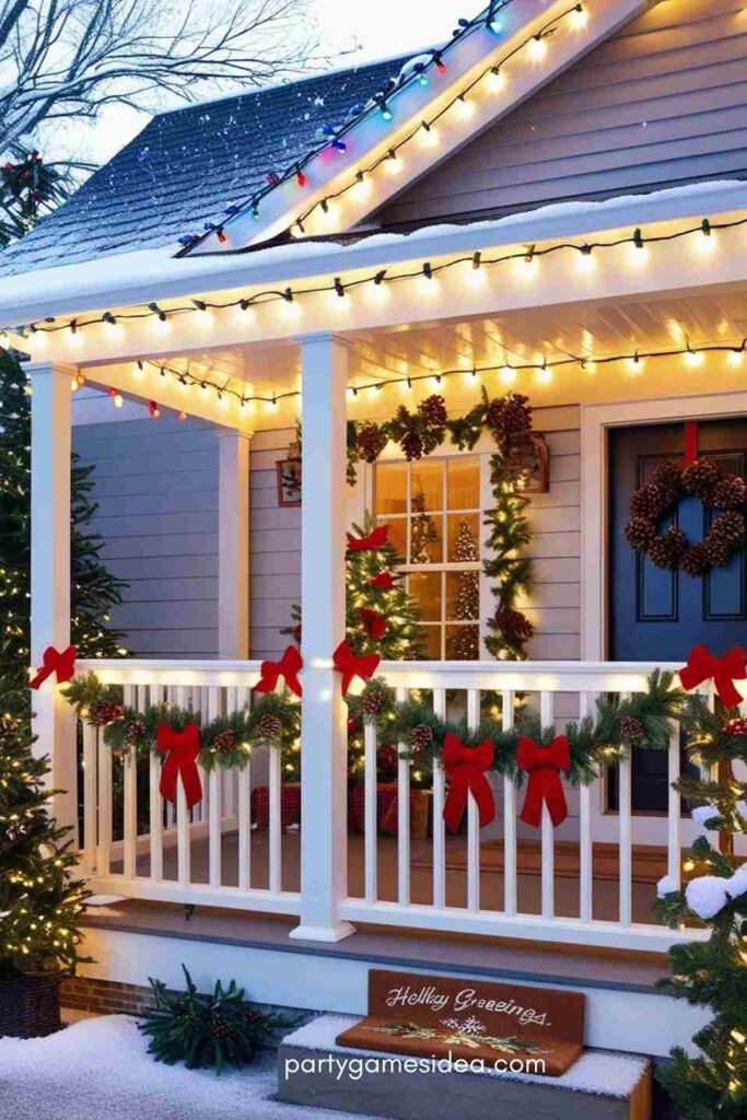 Christmas Lights on Porch Railings and Roofline