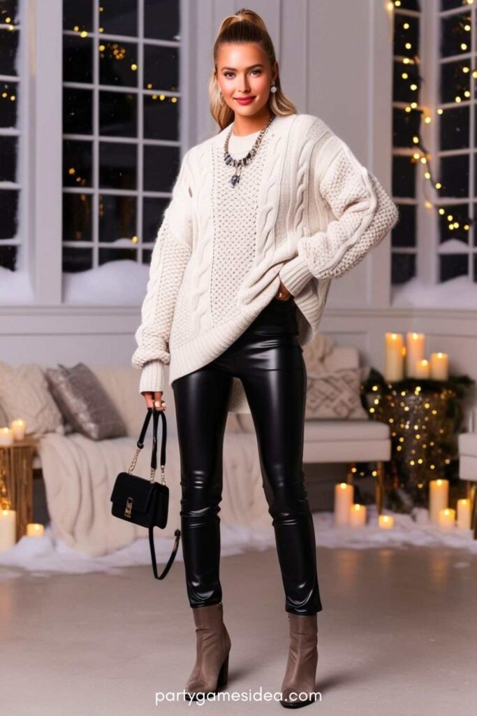 Chunky Knit Sweater and Leather Pants