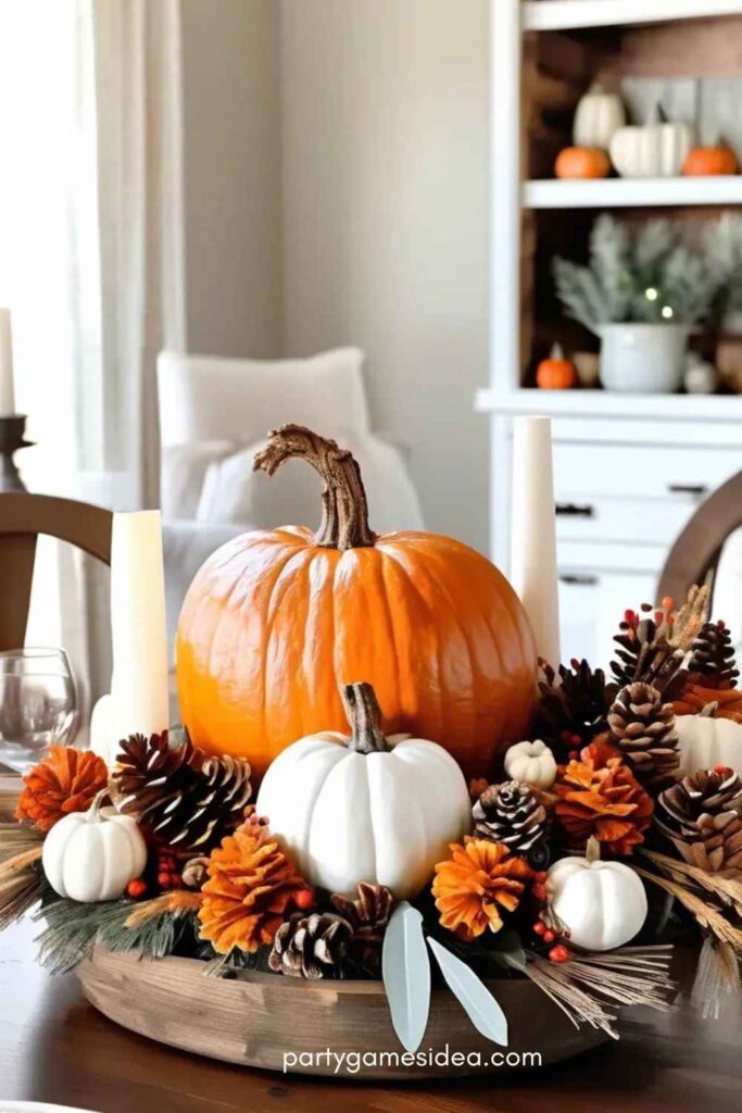 Rustic Pumpkin and Pinecone Display