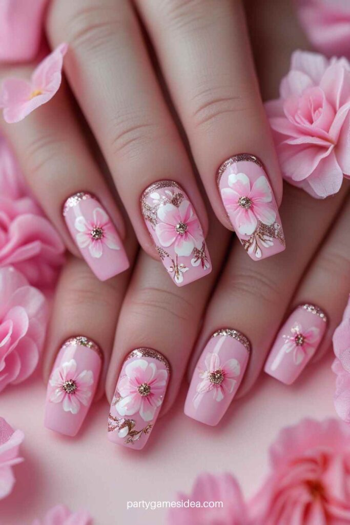 Floral Pink Nails