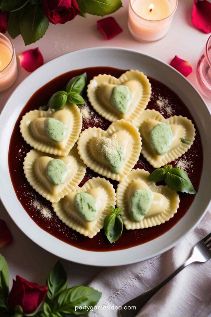 Heart-Shaped Ravioli with Basil Cream Sauce