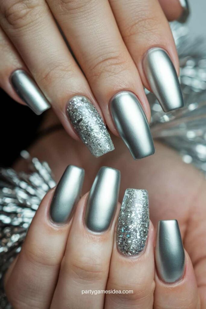 Silver Glitter Accent Nails