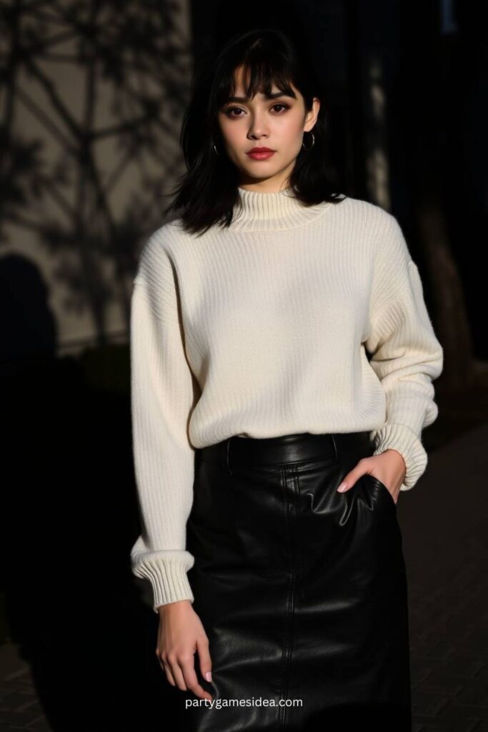 Knit Sweater and Leather Skirt